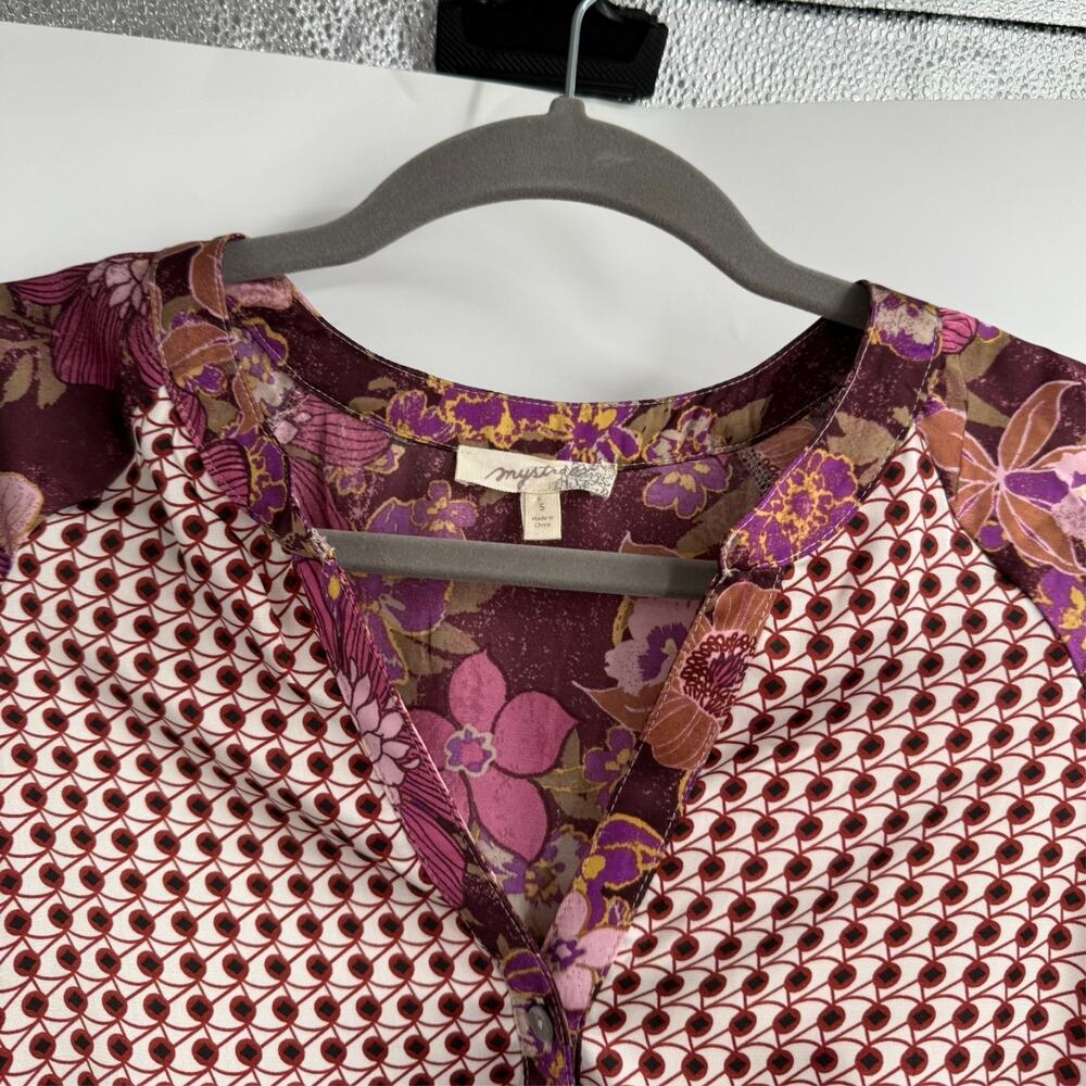 Mystree Button Up Shirt Womens S Merlot Burgundy Tie Front Mixed Floral Boho - Picture 7 of 13